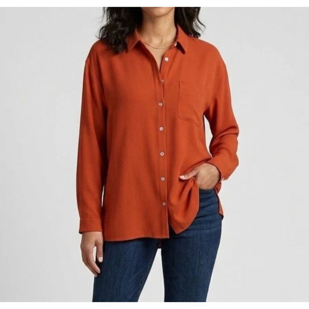 J Jill Shirt Womens L Campari Button Down Blouse tail Crepe Top coastal Swifty
